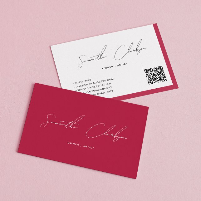 Carte De Visite Code QR Moderne Magenta Rose Chaud Écriture Manusc (Créateur téléchargé)