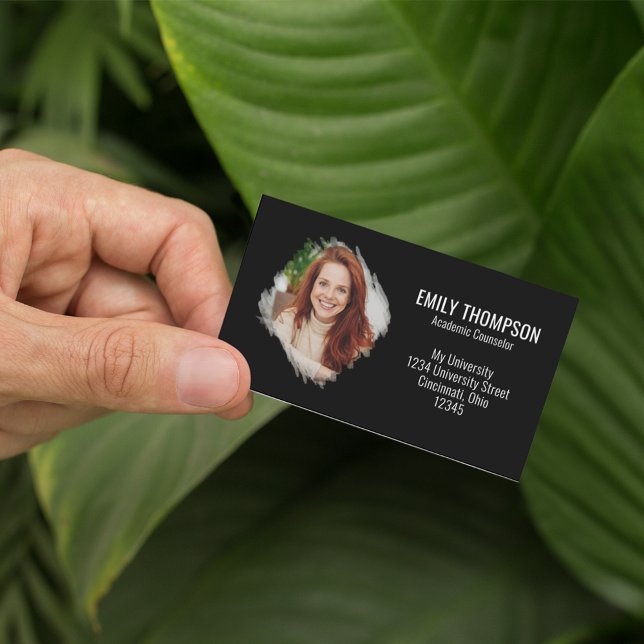 Carte De Visite Code QR moderne Médias sociaux Photo professionnel (Simple minimalist black and white business card with QR code and watercolor photo effect. )