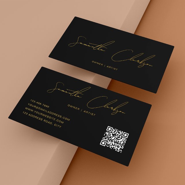 Carte De Visite Code QR Moderne Noir & Or Écriture Manuscrite (Créateur téléchargé)