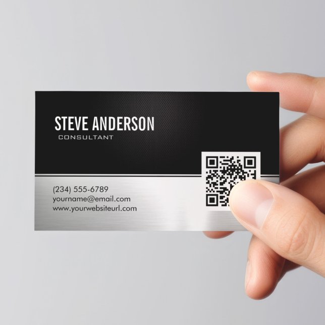 Carte De Visite Code QR moderne professionnel noir argent métal (Créateur téléchargé)
