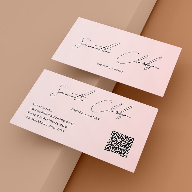Carte De Visite Code QR Moderne Rose Pâle Écriture Manuscrite Pure (Créateur téléchargé)