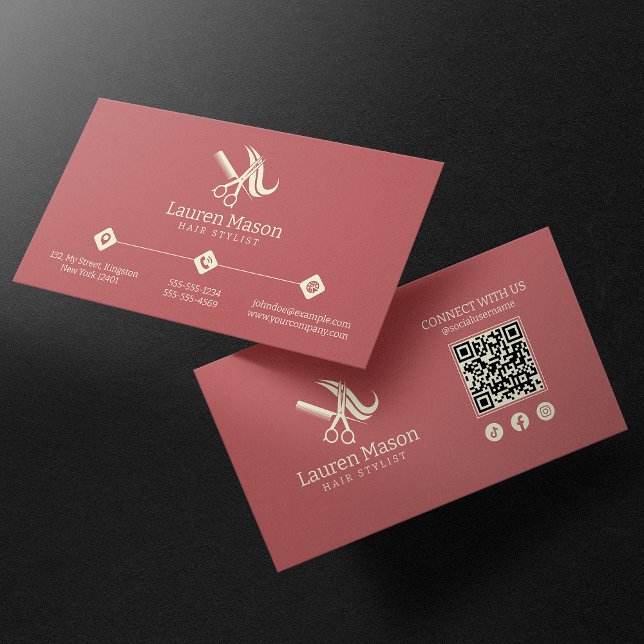 Carte De Visite Code QR Moderne Simple Rose & Biege Coiffeur (Créateur téléchargé)