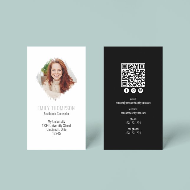 Carte De Visite Code QR moderne Social Media Photo Professionnel (Simple minimalist black and white business card with QR code and watercolor photo effect. )