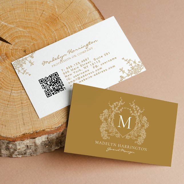 Carte De Visite Code QR monogramme à crête florale or moderne (Créateur téléchargé)