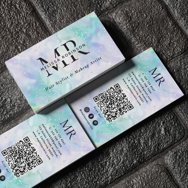 Carte De Visite Code QR monogrammé à l'encre alcoolique verte et v (Créateur téléchargé)