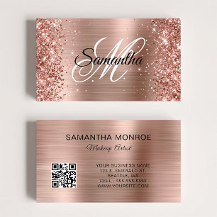 Carte De Visite Code QR monogrammé à paillettes de rose doré