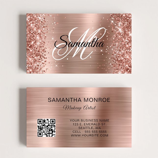 Carte De Visite Code QR monogrammé à paillettes de rose doré (Glittery Rose Gold Foil Monogram QR Code Business Card)