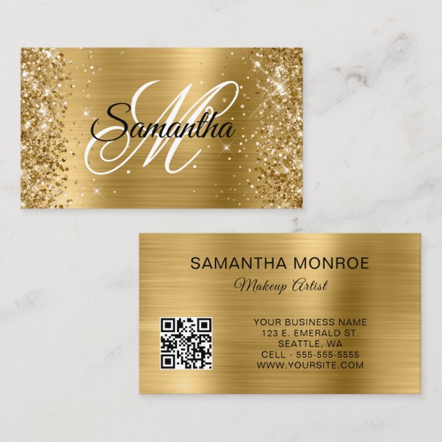 Carte De Visite Code QR monogramme à paillettes en feuille d'or (Devant / Derrière)