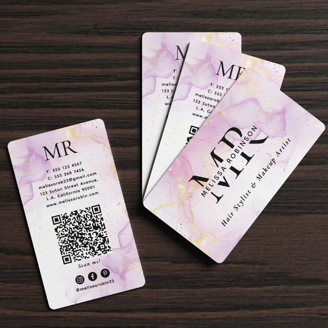 Carte De Visite Code QR monogrammé aquarelle violette et paillette (Créateur téléchargé)