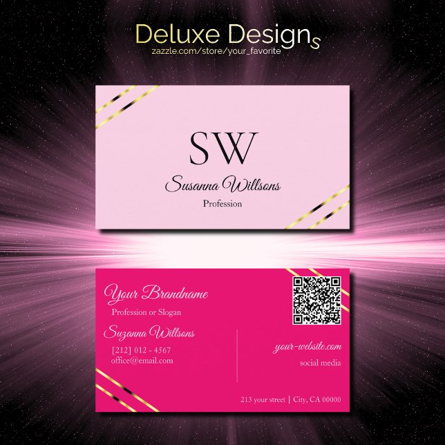 Carte De Visite Code QR monogramme avec lignes dorées roses clair  (Créateur téléchargé)