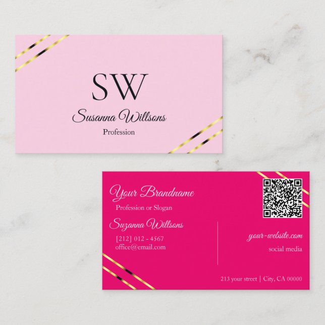 Carte De Visite Code QR monogramme avec lignes dorées roses clair  (Devant / Derrière)