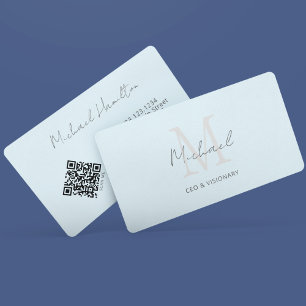 Carte De Visite Code QR Monogramme Bleu Clair