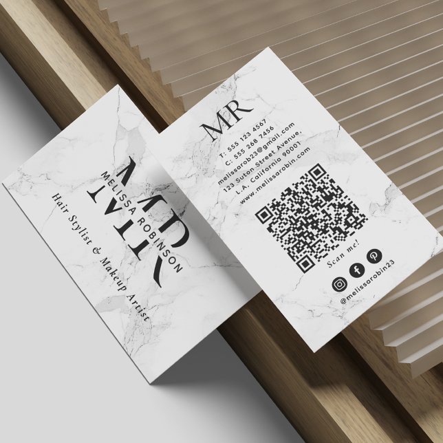 Carte De Visite Code QR Monogramme de Marbre Blanc Tendance pour A (Créateur téléchargé)