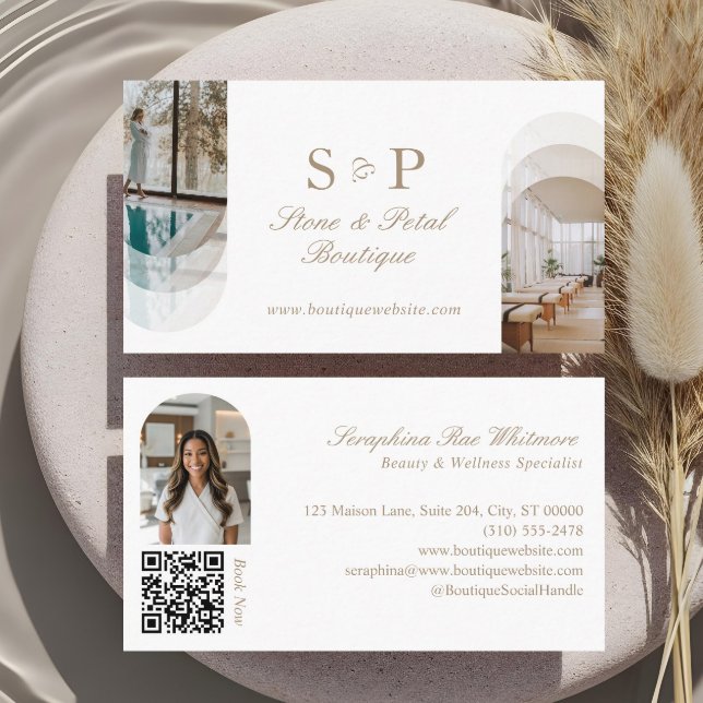 Carte De Visite Code QR Monogramme de Photos d'Arche Élégant Chic  (Stylish Chic Elegant Arch Photos Monogram QR Code Business Card)
