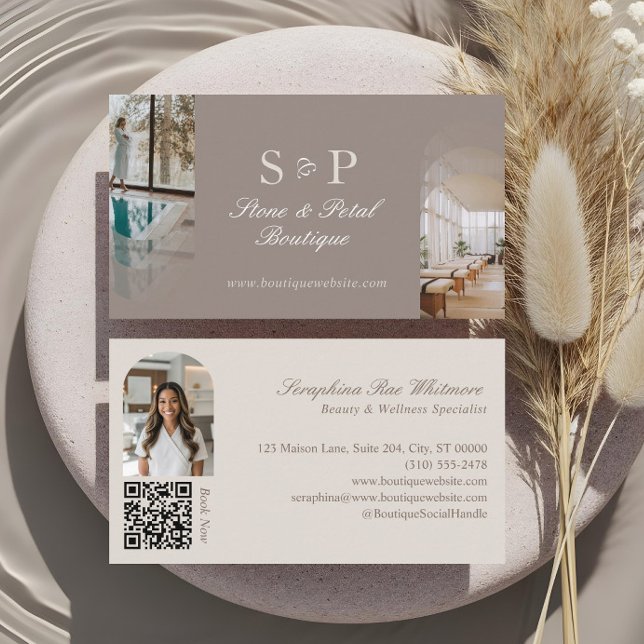 Carte De Visite Code QR Monogramme Élégant Chic et Stylé avec Phot (Stylish Chic Elegant Arch Photos Monogram QR Code Business Card)