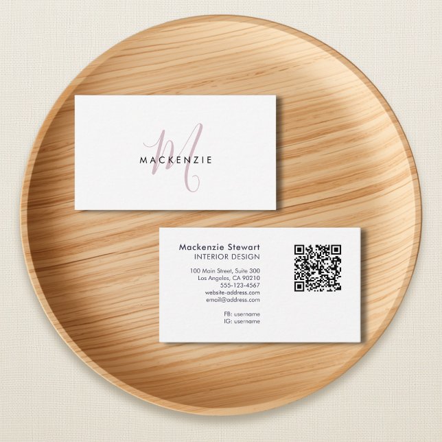 Carte De Visite Code QR Monogramme Élégant Moderne Rose Pâle Scrip (Créateur téléchargé)