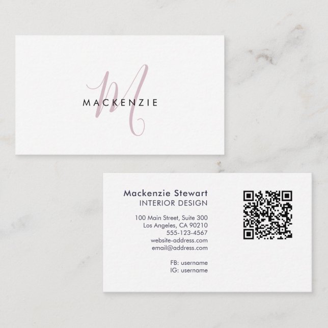 Carte De Visite Code QR Monogramme Élégant Moderne Rose Pâle Scrip (Devant / Derrière)