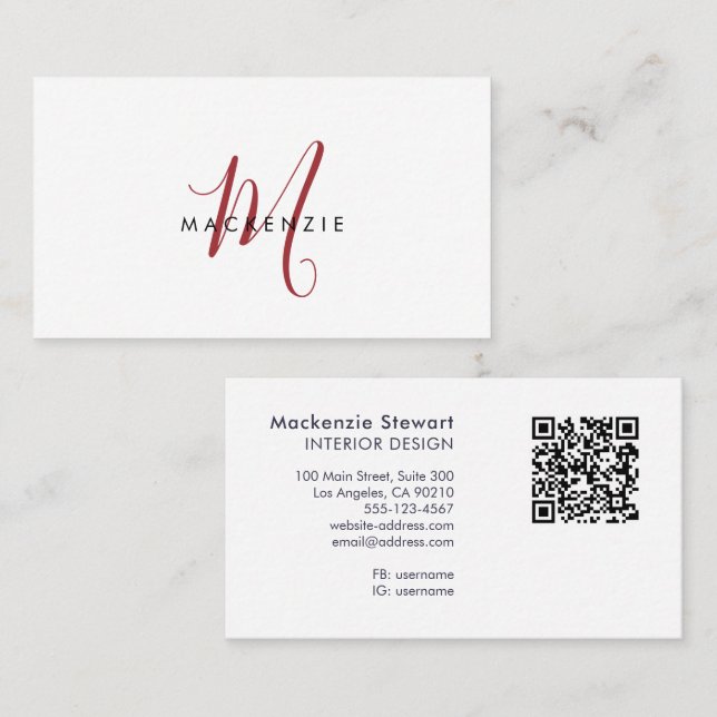 Carte De Visite Code QR monogramme élégant moderne rouge script (Devant / Derrière)