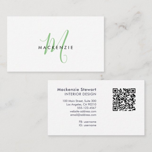 Carte De Visite Code QR monogramme élégant moderne vert écriture (Devant / Derrière)