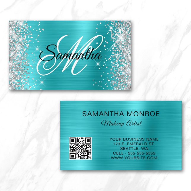 Carte De Visite Code QR monogramme en feuille d'aluminium bleu aqu (Silver Glitter Aqua Blue Foil Monogram QR Code Business Card)