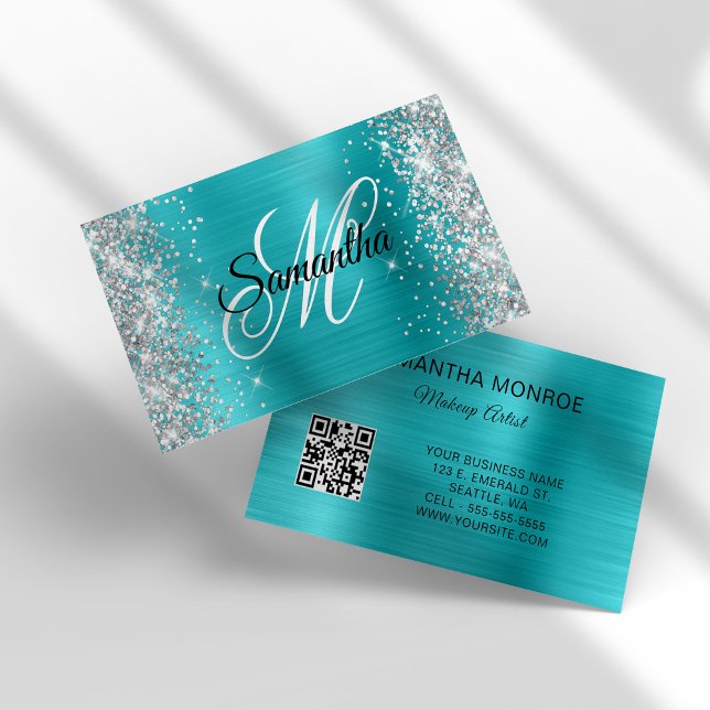 Carte De Visite Code QR monogramme en feuille d'aluminium bleu aqu (Silver Glitter Aqua Blue Foil Monogram QR Code Business Card)