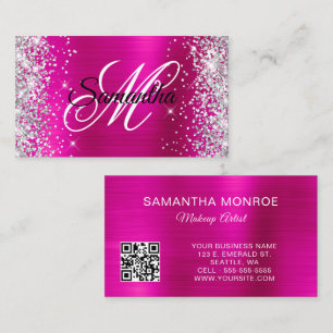 Carte De Visite Code QR Monogramme en Paillettes Argent et Papier