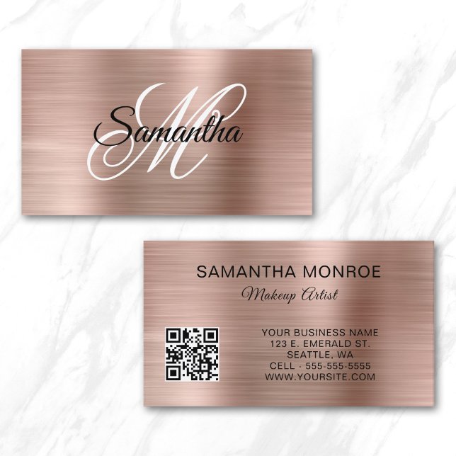 Carte De Visite Code QR Monogramme Fantaisie Feuille D'Or Rose (Rose Gold Foil Fancy Monogram QR Code Business Card)