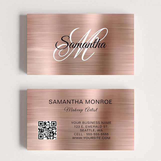 Carte De Visite Code QR Monogramme Fantaisie Feuille D'Or Rose (Rose Gold Foil Fancy Monogram QR Code Business Card)
