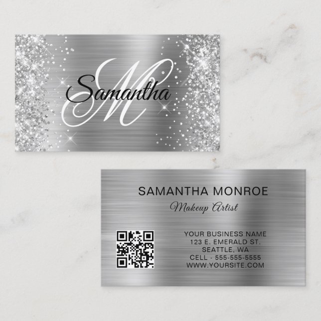 Carte De Visite Code QR Monogramme Feuille d'Argent Pailleté (Devant / Derrière)