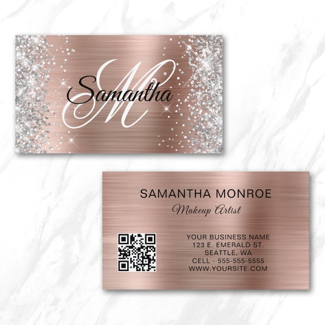 Carte De Visite Code QR monogramme feuille d'or rose paillettes ar (Silver Glitter Rose Gold Foil Monogram QR Code Business Card)