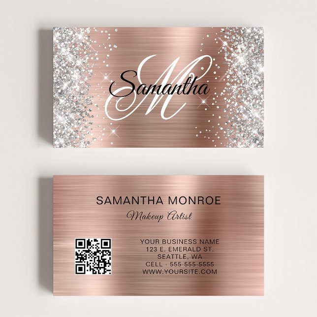 Carte De Visite Code QR monogramme feuille d'or rose paillettes ar (Silver Glitter Rose Gold Foil Monogram QR Code Business Card)