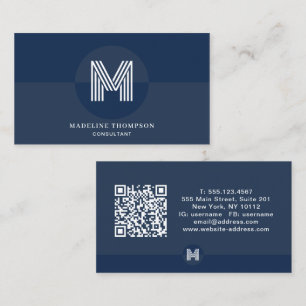 Carte De Visite Code QR monogramme géométrique moderne bleu marine