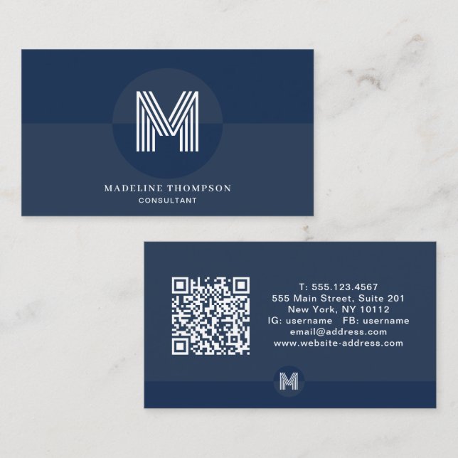 Carte De Visite Code QR monogramme géométrique moderne bleu marine (Devant / Derrière)