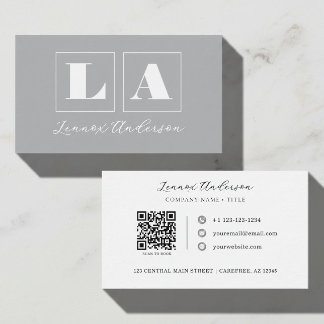 Carte De Visite Code QR Monogramme Gras Gris (Créateur téléchargé)