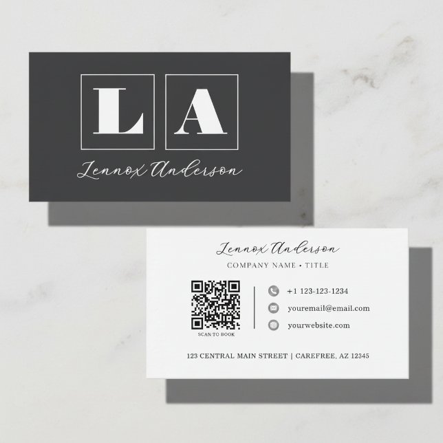 Carte De Visite Code QR Monogramme Gras Gris Foncé (Créateur téléchargé)