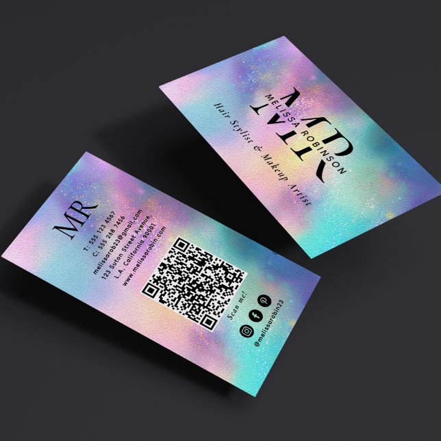 Carte De Visite Code QR Monogramme Holographique Moderne & Médias  (Créateur téléchargé)