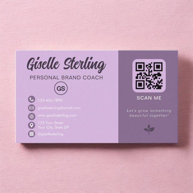 Carte De Visite Code QR Monogramme Lavande pour les Médias Sociaux (Créateur téléchargé)