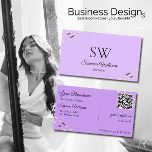 Carte De Visite Code QR Monogramme Lignes Or Rose Lilas Lavande