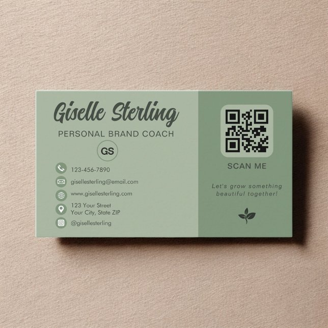 Carte De Visite Code QR Monogramme Média Sociaux Vert Sauge  (Créateur téléchargé)