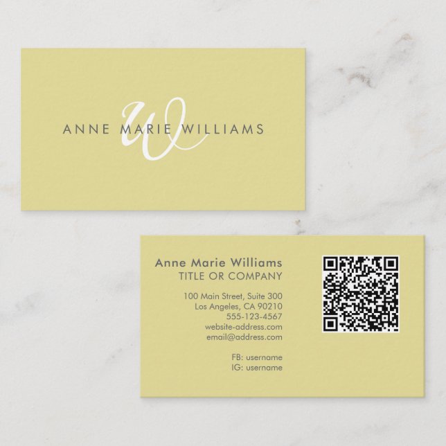 Carte De Visite Code QR Monogramme Moderne Chartreuse Blanc Script (Devant / Derrière)