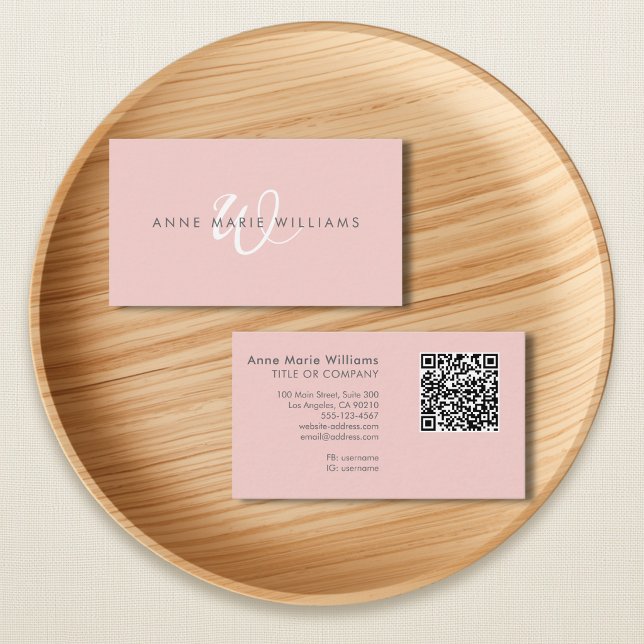 Carte De Visite Code QR Monogramme Moderne Rose Pâle Blanc (Créateur téléchargé)