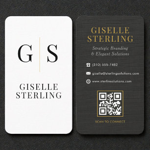 Carte De Visite Code QR Monogramme Noir Blanc Lin Or