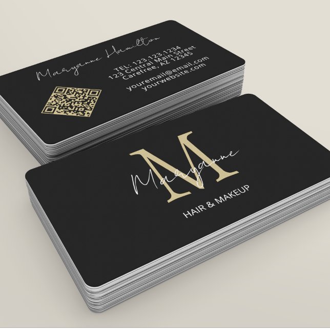 Carte De Visite Code QR monogramme noir or (Créateur téléchargé)
