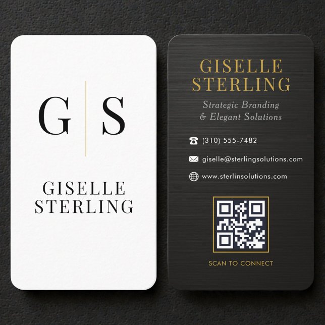 Carte De Visite Code QR Monogramme Or Blanc Noir Métallisé (Créateur téléchargé)