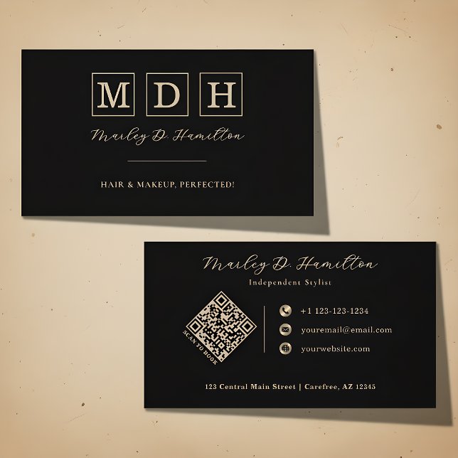 Carte De Visite Code QR Monogramme Or Noir Élégant (Créateur téléchargé)