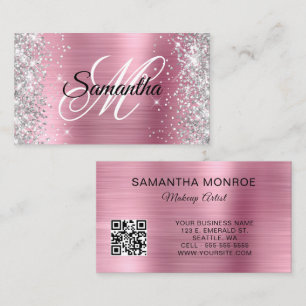 Carte De Visite Code QR Monogramme Papier D'argent Rose