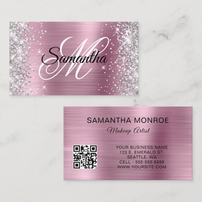 Carte De Visite Code QR Monogramme Papier D'argent Rose (Devant / Derrière)
