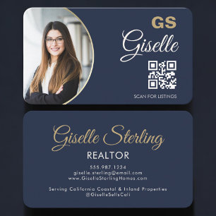 Carte De Visite Code QR Monogramme Photo Or et Bleu Marine Agent I