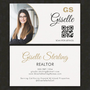 Carte De Visite Code QR Monogramme Photo Or Neutre Agent Immobili