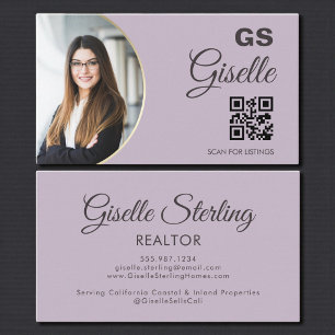 Carte De Visite Code QR Monogramme Photo Violet Lavande pour Agent